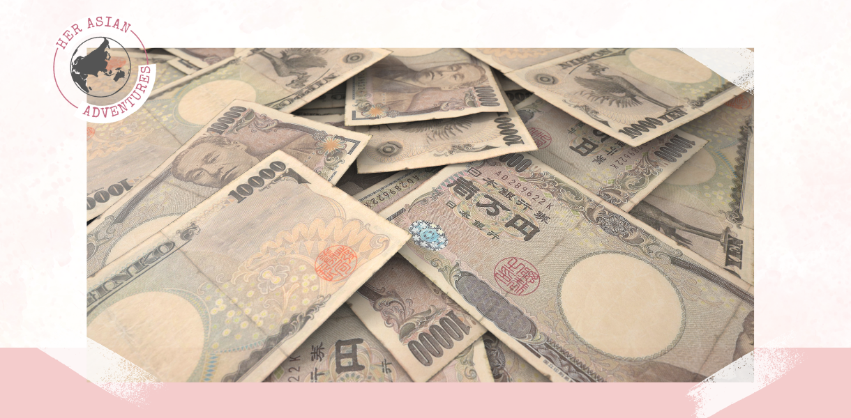 Her Asian adventure. Cover photo that shows different local currencies to travel Asia with cash
