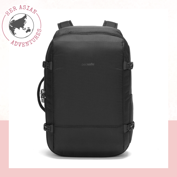 Her Asian Adventures. Travel safety items for solo female travelers.  anti theft backpack. Travel safety items. Safety items for solo female travelers. Solo travel safety items. travel safety products. 