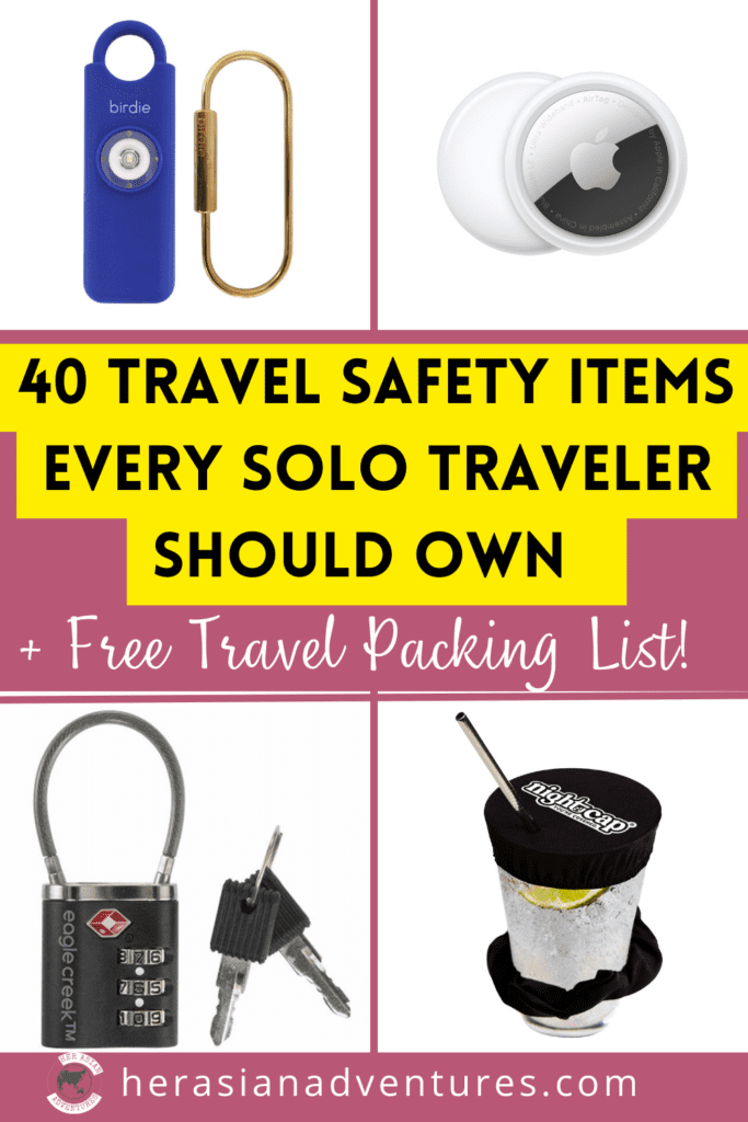 Travel safety items for women. Safety products. Travel safety gear. Travel essentials. Travel packing list. Packing checklist. How to stay safe while travelling solo. Solo travel. Solo female travel. Solo female trip. Solo female traveller. Solo trip. Solo adventures.travel safety gear. travel safety gadgets. solo female travel essentials. solo travel packing list female. 