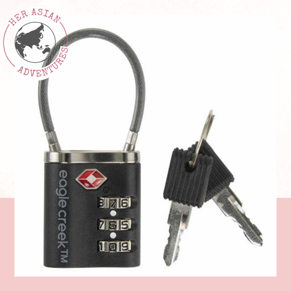 Her Asian Adventures. Travel safety items for solo female travelers. combination padlock. Travel safety items. Safety items for solo female travelers. Solo travel safety items. travel safety products. 