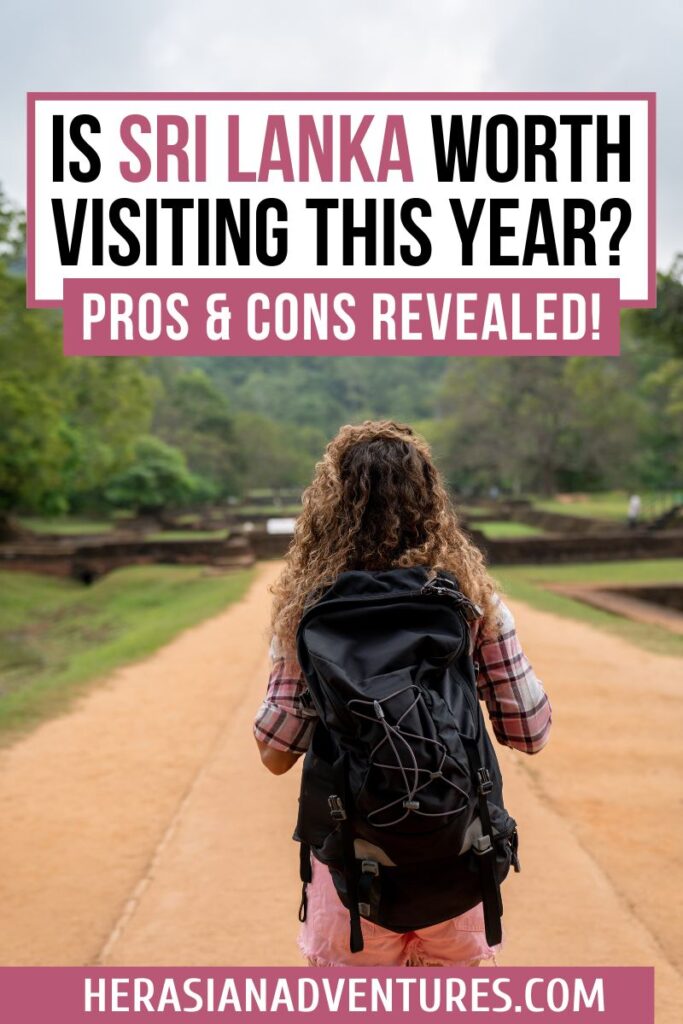 Is Sri Lanka Worth Visiting This Year? Pros & Cons Revealed with an image of a traveler walking towards ancient ruins in Sri Lanka, weighing the pros and cons of visiting the country