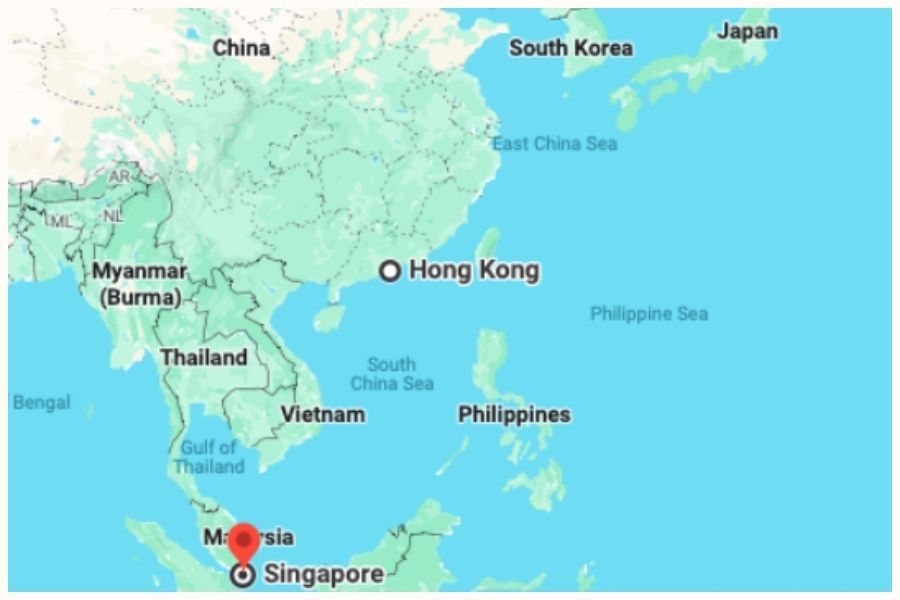 Map showing the distance between hong kong and singapore