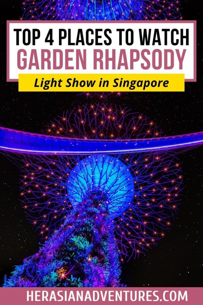 Bright blue Supertree at night surrounded by orange star-like lights, with the text “Top 4 Places to Watch Garden Rhapsody – Light Show in Singapore.” This blog graphic highlights the best views for the Gardens by the Bay light show and other top Singapore light shows.