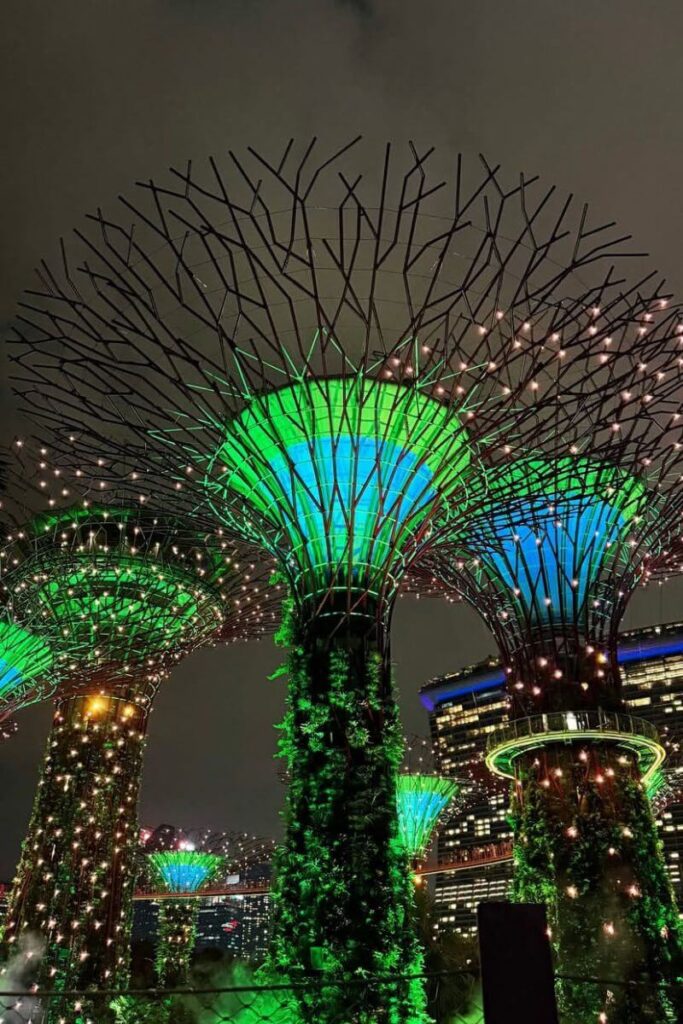 Close-up view of the Supertrees glowing in green and blue hues against the night sky during the Gardens by the Bay light show. Garden Rhapsody transforms these vertical gardens into an immersive audio-visual experience and remains one of the top things to do in Singapore at night.