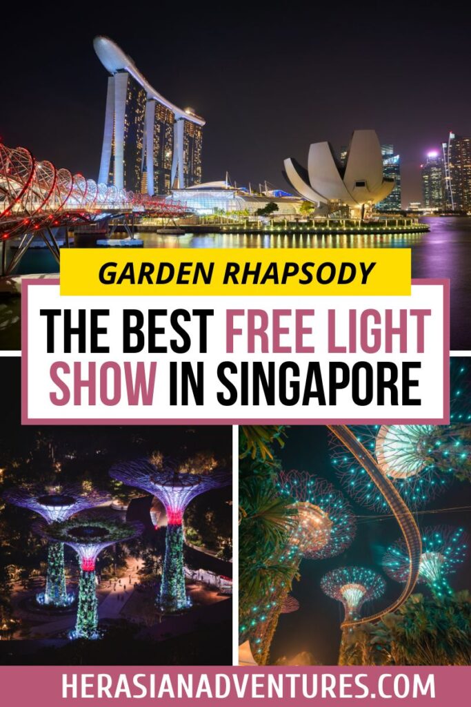Collage showing Marina Bay Sands and the Helix Bridge at night, glowing Supertrees, and sparkling lights, with the bold text “The Best Free Light Show in Singapore – Garden Rhapsody.” This image promotes the Gardens by the Bay light show as one of the top free attractions in Singapore.