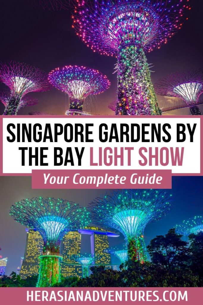 Collage featuring multicolored Supertrees lit up at night during the Gardens by the Bay light show, with the text “Singapore Gardens by the Bay Light Show – Your Complete Guide.” This graphic promotes the Garden Rhapsody as one of the best free light shows in Singapore.