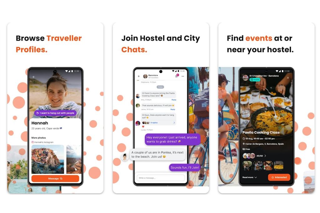 Three smartphone screens show a hostel travel app interface: browsing traveler profiles, joining group chats, and finding local events—essential solo travel tips for introverts and solo traveler tips for staying social and safe.