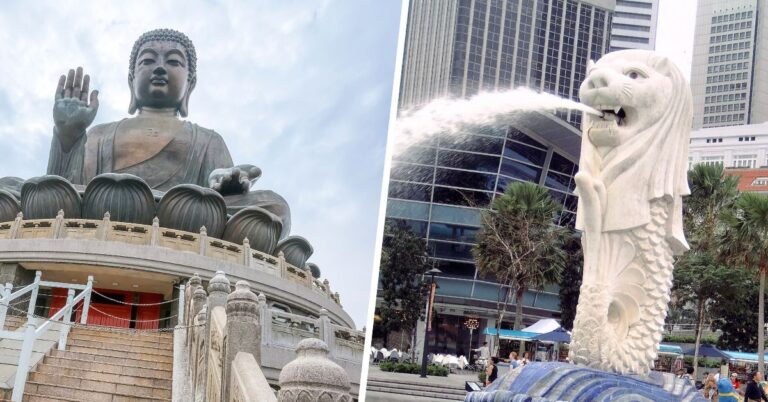 A split image showing Hong Kong’s Tian Tan Buddha on Lantau Island beside Singapore’s Merlion fountain at Marina Bay. This iconic side-by-side perfectly illustrates the debate of Hong Kong vs Singapore and helps travelers decide which is better to visit.