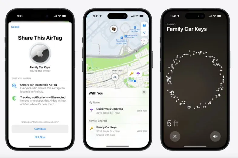 Three iPhone screens showing Apple AirTag features for tracking family car keys, an ideal solution for making your luggage easily identifiable at the airport. Using tracking devices like AirTags is one of the best ways to locate lost luggage and ensure it stands out.