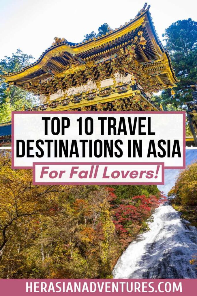 A visually striking poster with a golden temple in Asia and colorful autumn foliage, featuring the text "Top 10 Travel Destinations in Asia for Fall Lovers." This is a great guide for travelers interested in Asia's top autumn destinations, perfect for fall getaways.