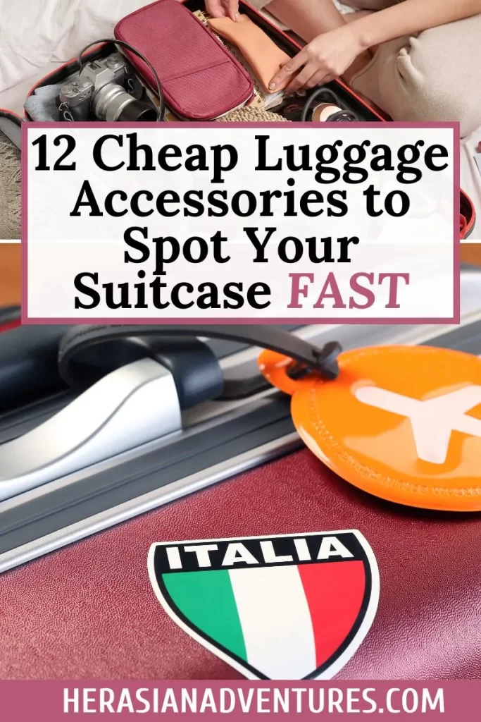 A person packing a suitcase with various travel accessories, featuring a tag with the Italian flag and the title '12 Cheap Luggage Accessories to Spot Your Suitcase Fast.' Showcases easy and affordable ways to identify luggage quickly.