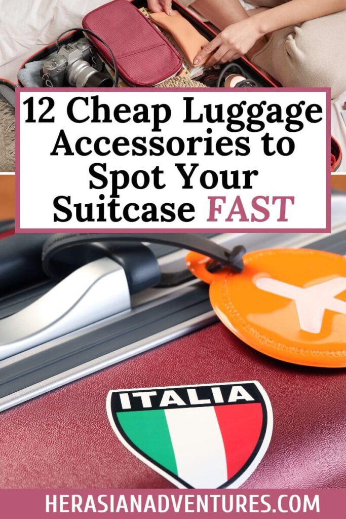 A person packing a suitcase with various travel accessories, featuring a tag with the Italian flag and the title '12 Cheap Luggage Accessories to Spot Your Suitcase Fast.' Showcases easy and affordable ways to identify luggage quickly.