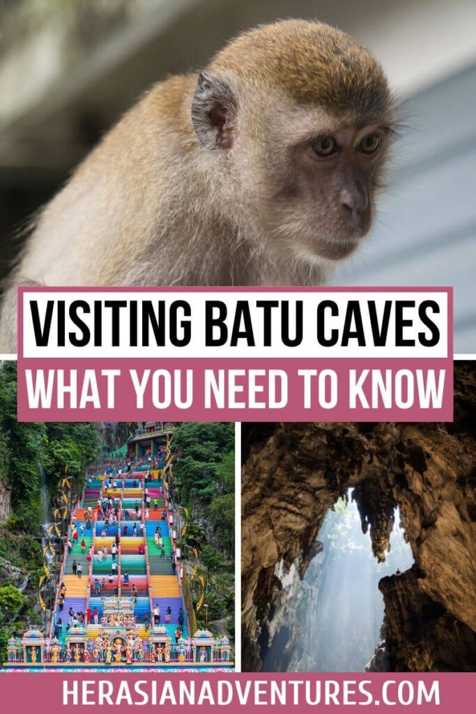 A poster reading "Visiting Batu Caves - What You Need to Know," featuring images of a monkey, the Batu Caves steps, and the cave interior. Batu Caves, near Kuala Lumpur, Malaysia, is known for its monkeys and colorful temple steps, attracting visitors for both cultural and adventure tours.