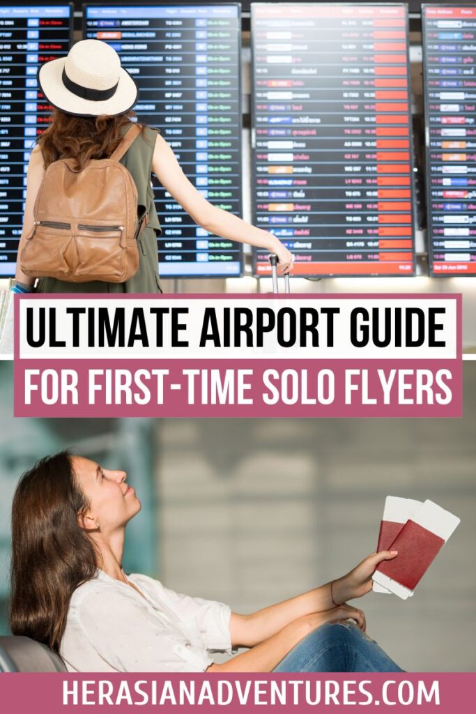 Woman with a backpack and sun hat checking the flight departure board at the airport. Text overlay: "Ultimate Airport Guide for First-Time Solo Flyers." A guide for first time flight tips, including what to expect on your first time in an airport.