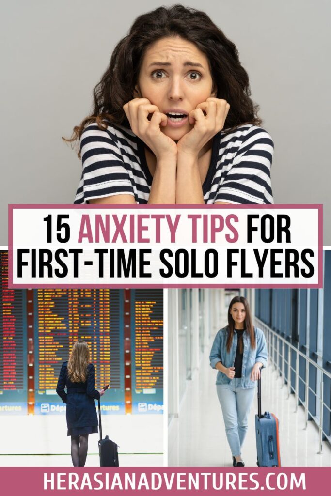 Woman looking anxious, holding her face beneath a guide for anxiety tips for first-time flyers. Also features a woman checking the flight departure board and another walking with luggage. Advice for managing first time flying anxiety and essential travel tips for solo flyers.