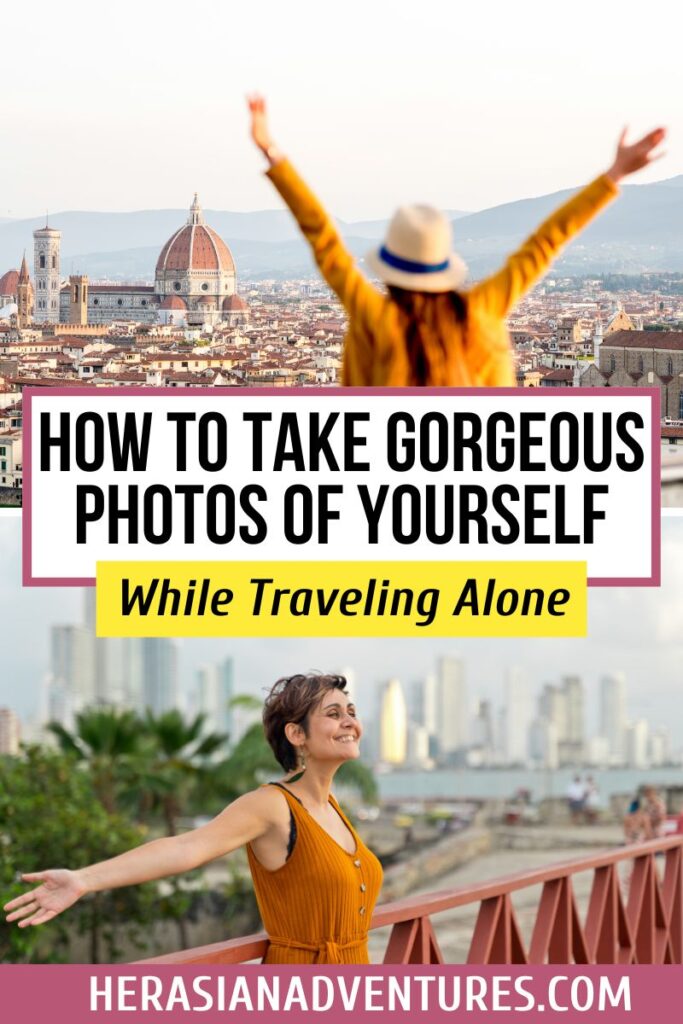 A solo traveler in Florence, Italy, raises her arms in joy with the Duomo in the background, alongside another solo traveler smiling on a bridge in a modern city, illustrating tips for capturing beautiful solo travel photos when traveling alone.