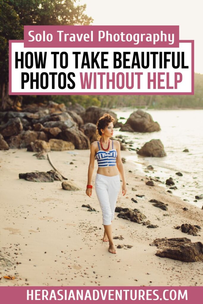 A solo traveler walks along a serene beach at sunset, showcasing how to take stunning solo photos without needing assistance, perfect for documenting solo travel adventures