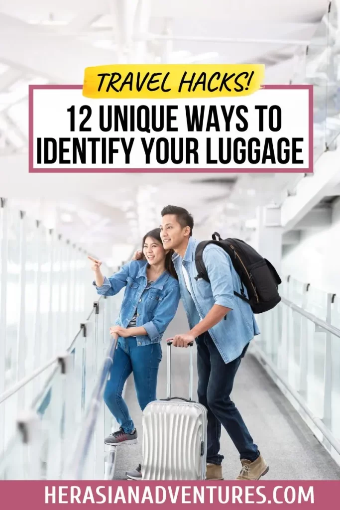 A couple at the airport pointing at something, with the title '12 Unique Ways to Identify Your Luggage' overlaid. Offers unique and fun tips for making your luggage easy to find at the airport