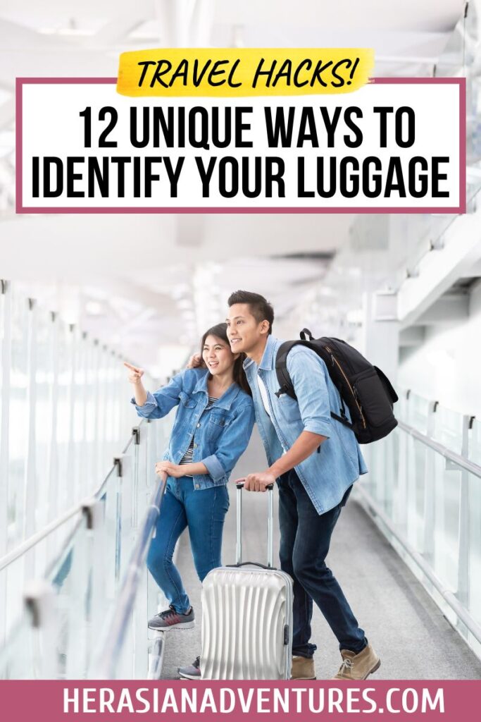 A couple at the airport pointing at something, with the title '12 Unique Ways to Identify Your Luggage' overlaid. Offers unique and fun tips for making your luggage easy to find at the airport