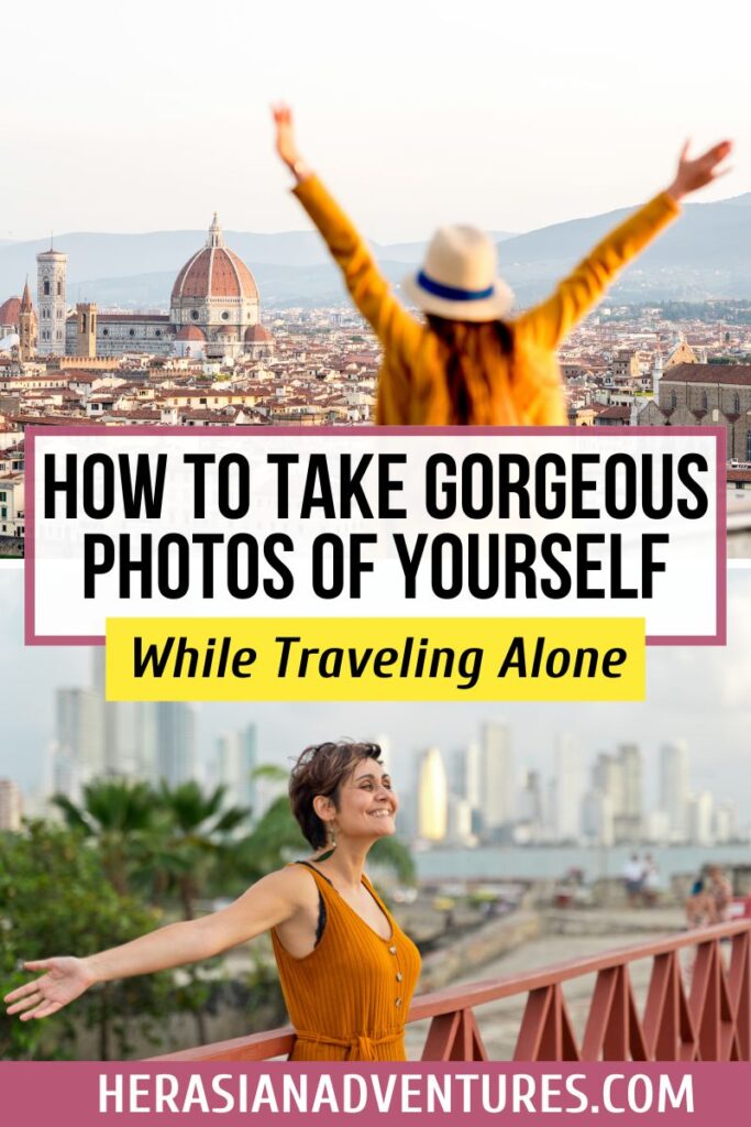 A solo traveler in Florence, Italy, raises her arms in joy with the Duomo in the background, alongside another solo traveler smiling on a bridge in a modern city, illustrating tips for capturing beautiful solo travel photos when traveling alone.