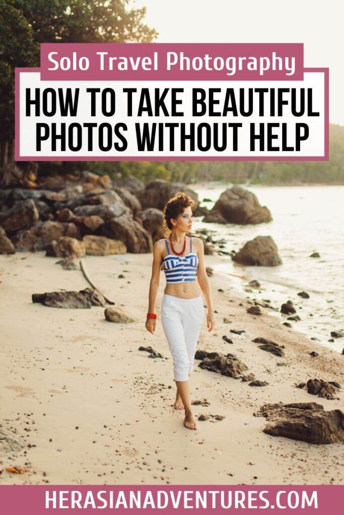 A solo traveler walks along a serene beach at sunset, showcasing how to take stunning solo photos without needing assistance, perfect for documenting solo travel adventures