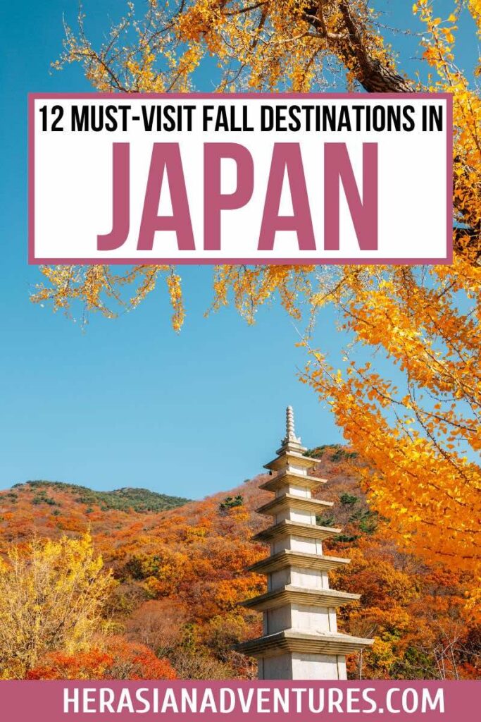 A stunning autumn scene in Japan featuring golden yellow foliage against a bright blue sky with a traditional Japanese pagoda. Perfect for those looking for amazing fall destinations and scenic landscapes for leaf-peeping in Japan.