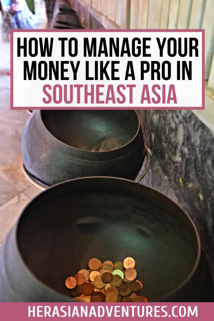 A visual representation of saving and managing money while traveling in Southeast Asia. The image reinforces tips on how to manage money when traveling, such as using cash in local markets and balancing cards for larger purchases.