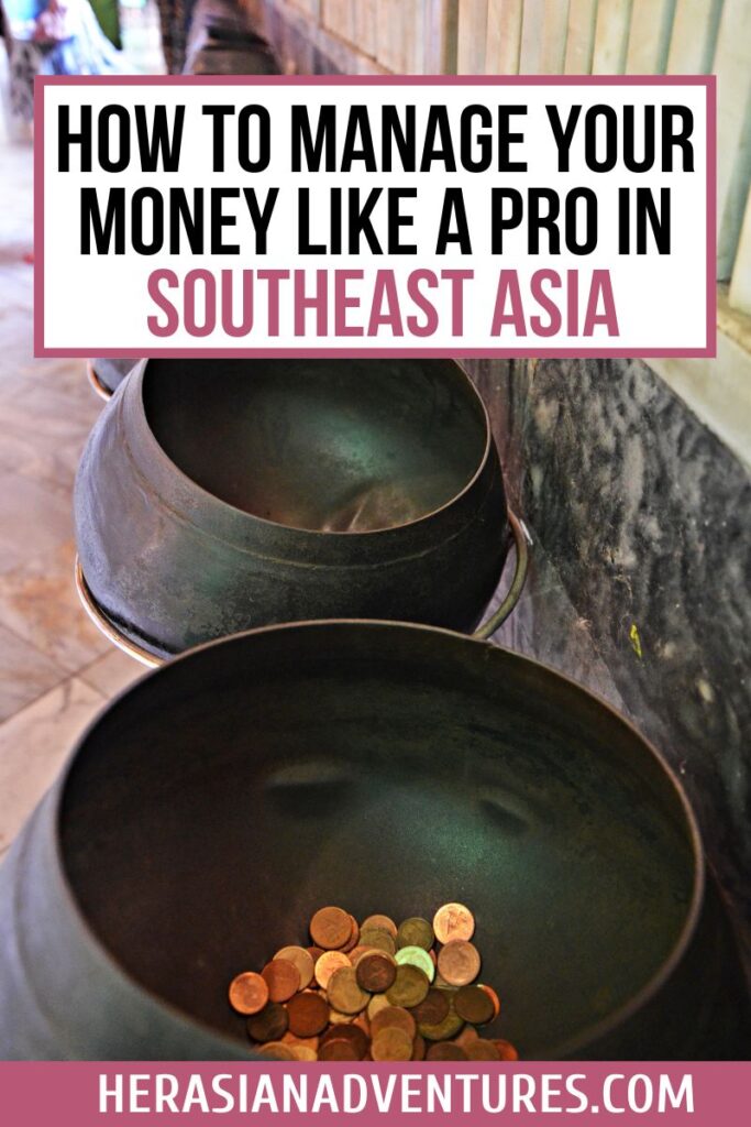 A visual representation of saving and managing money while traveling in Southeast Asia. The image reinforces tips on how to manage money when traveling, such as using cash in local markets and balancing cards for larger purchases.