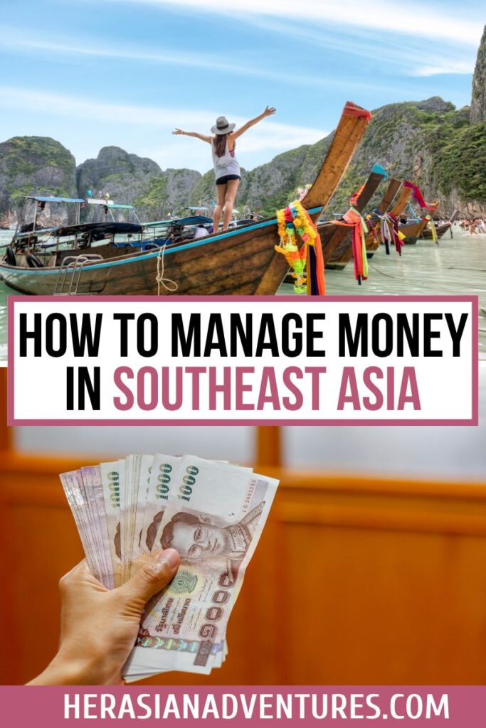 This image shows a traveler on a traditional long-tail boat in Southeast Asia with Thai Baht in hand, illustrating the balance of using cash and cards while backpacking Southeast Asia. Managing cash, choosing the best currency, and staying budget-conscious are essential for a successful Southeast Asia trip.