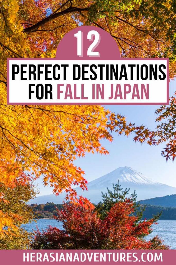 Mount Fuji in the background, framed by vibrant red and yellow autumn leaves, set against a clear blue sky. This scene captures Japan’s natural beauty and is an ideal spot for leaf-peeping, fall vacations, and stunning landscape photography.