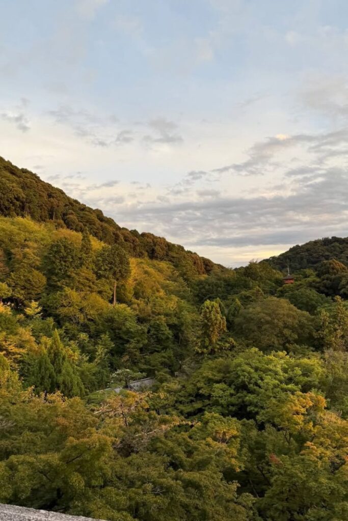 Golden sunlight touches the forested hills of Kyoto with early fall colors under a pastel sky. A peaceful autumn in Asia moment and an ideal Asia place to visit in October for nature lovers.