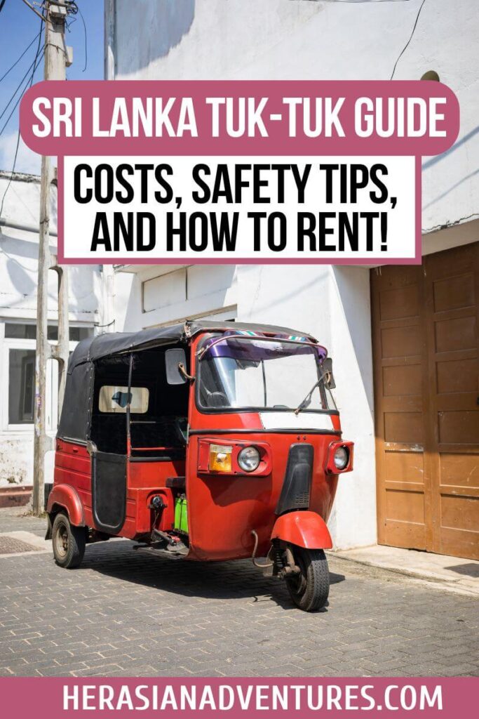 A red tuk tuk parked on a quiet street in Sri Lanka with the text "Sri Lanka Tuk-Tuk Guide: Costs, Safety Tips, and How to Rent." Renting a tuk tuk in Sri Lanka is a cost-effective way to travel, with safety tips and rental options available for adventure seekers.