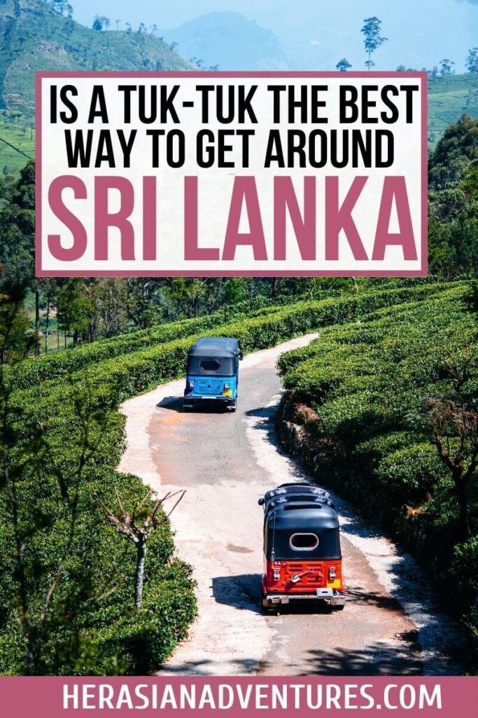 A rural road in Sri Lanka with two tuk tuks driving through lush green tea fields. The text reads "Is a Tuk-Tuk the Best Way to Get Around Sri Lanka?" Explore the advantages of using tuk tuk rentals to navigate Sri Lanka's scenic landscapes and countryside.