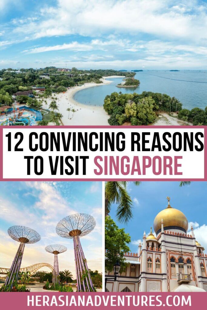 A collage featuring Sentosa Island's beach, Supertree Grove, and Sultan Mosque, overlaid with the text "12 convincing reasons to visit Singapore." These images show reasons to go to Singapore, illustrating why Singapore is worth visiting for its natural beauty, modern architecture, and cultural landmarks.