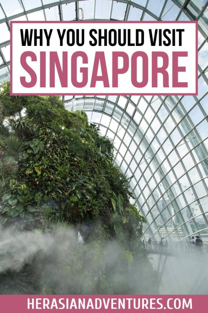 Pinterest-style graphic featuring a lush indoor cloud forest dome with the overlaid text “Why You Should Visit Singapore” and herasianadventures.com. This image promotes some of the top reasons why Singapore is worth visiting, including its blend of nature and futuristic design.