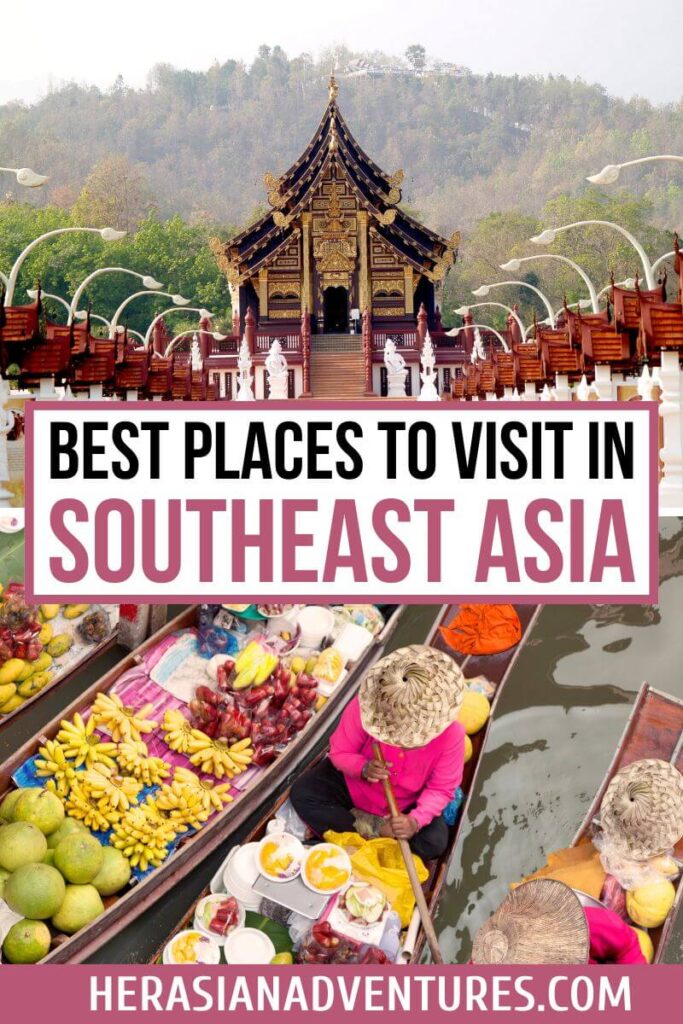 A collage featuring a traditional Thai temple and vibrant floating markets with fruit vendors in straw hats. The text "Best Places to Visit in Southeast Asia" emphasizes iconic Southeast Asia experiences and tourist spots in Southeast Asia.