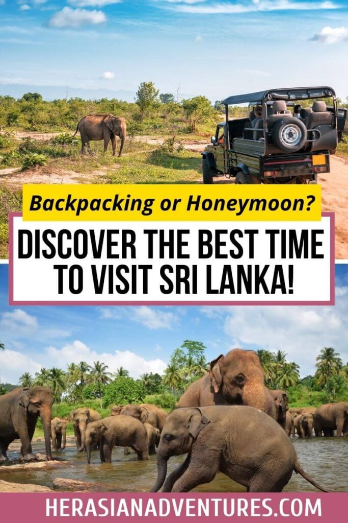 Safari jeep and elephants in a lush area in Sri Lanka, with text "Backpacking or Honeymoon? Discover the Best Time to Visit Sri Lanka! A guide to finding the best travel season in Sri Lanka"