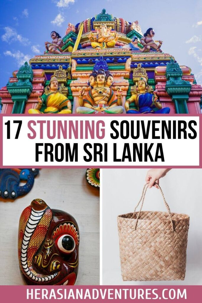 A vibrant Sri Lankan temple with traditional masks and a woven basket in the foreground, showcasing beautiful Sri Lanka souvenirs. Text overlay reads, "17 Stunning Souvenirs from Sri Lanka," providing inspiration for shopping in Sri Lanka.