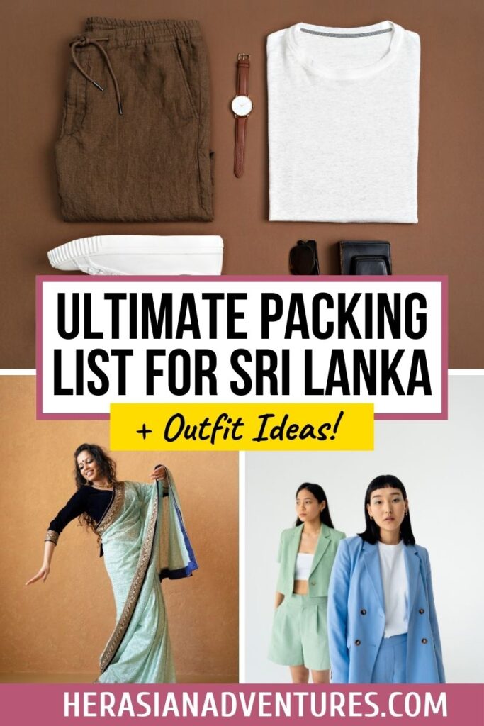 A showcase of outfit options, from casual travel clothes to Sri Lanka traditional clothing, paired with travel must-haves. Ideal for women’s packing tips and creating a Sri Lanka travel wardrobe.