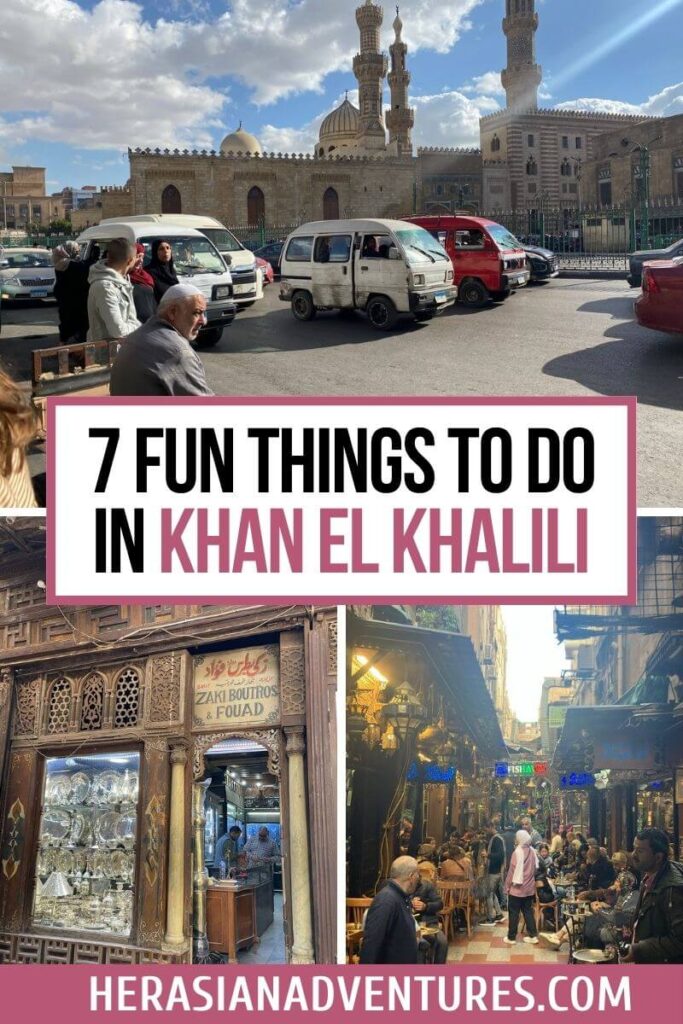 Image with text “7 Fun Things to Do in Khan El Khalili”: A blend of Cairo city life with Khan el Khalili's famous marketplace, featuring mosques, local vendors, and intricate street details highlighting the cultural essence of Cairo, Egypt.