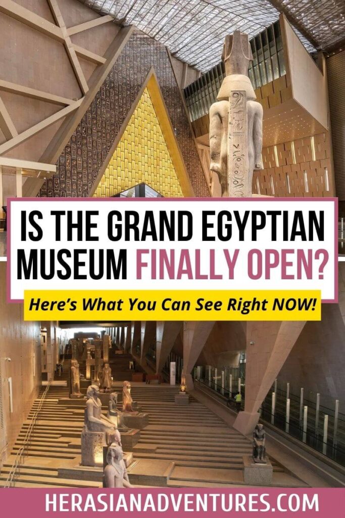 A bold graphic with the text "Is the Grand Egyptian Museum Finally Open? Here’s What You Can See Right Now!", featuring the Grand Egyptian Museum staircase lined with colossal statues and an illuminated entrance, answering "Is Grand Egyptian Museum open yet?".