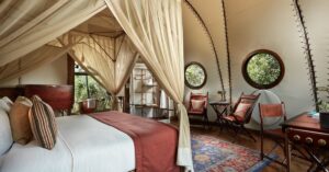 A beautifully designed tented camp with soft canopy drapes, elegant wooden furniture, and circular windows offering views of lush greenery. This luxury camping experience blends safari charm with modern comfort, making it an ideal choice for those seeking glamping in Asia. Perfect for travelers looking for glamping ideas that combine adventure and high-end relaxation.