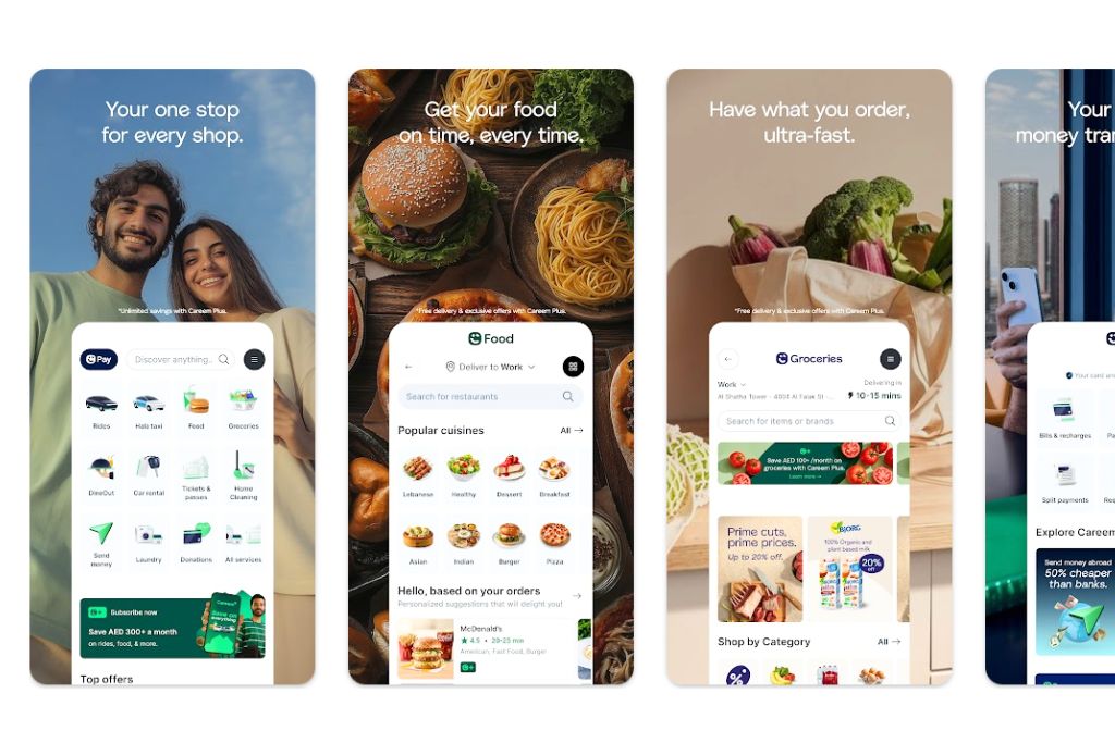 Marketing-style display for a multi-service app like Careem, showing groceries, food, rides, and bill payment options in one dashboard. Useful for users asking “Does Careem work in Cairo?” or comparing Uber in Egypt with other services.