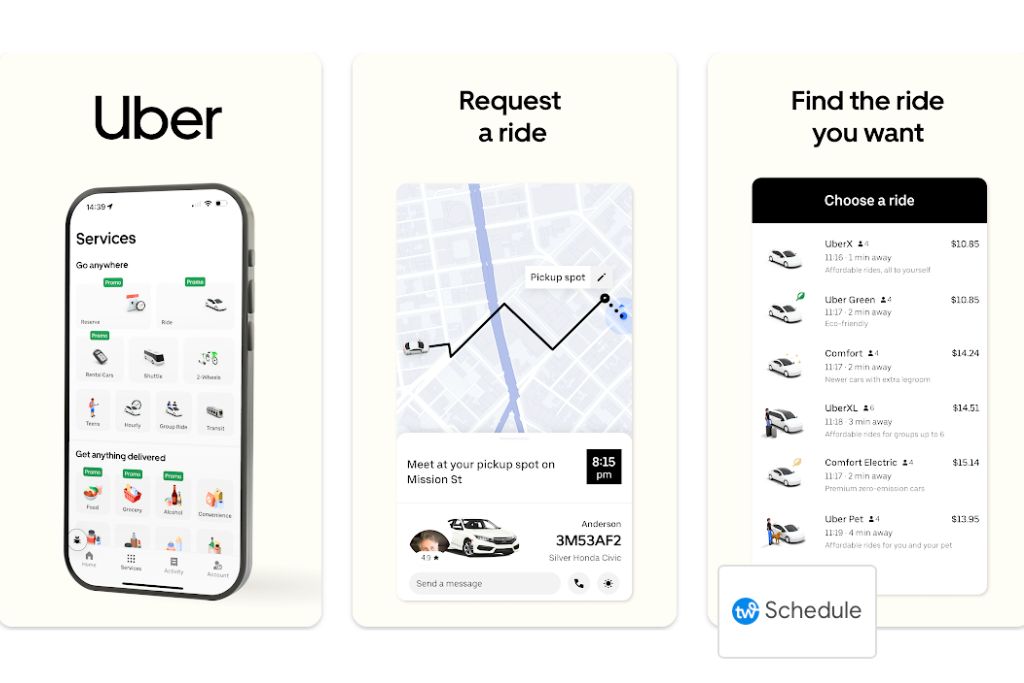 Three-panel Uber app mockup showcasing ride options, fare comparisons, and scheduling, perfect for those exploring the Uber Egypt app or checking Uber Cairo price and car comparison Egypt. Highlights features relevant to Uber in Egypt and how to find the right ride.