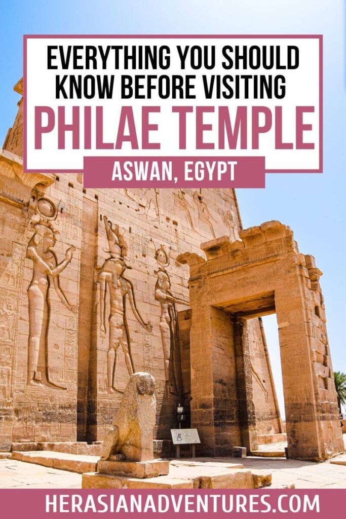Entrance to the Temple of Isis at Philae, Egypt, featuring a lion statue and detailed carvings of Egyptian deities on the facade, with overlaid title text “Everything You Should Know Before Visiting Philae Temple – Aswan, Egypt.”
