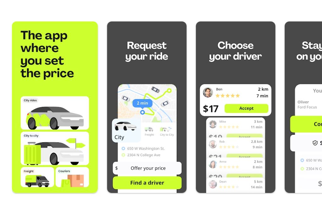 Infographic-style mockup of a rideshare app alternative to Uber in Egypt, showing options for city rides, city-to-city travel, couriers, and freight with user-controlled pricing. Designed to compete with Uber Cairo and Careem, offering a flexible choice for Egyptian taxi options and a comparison point for car prices in Egypt.