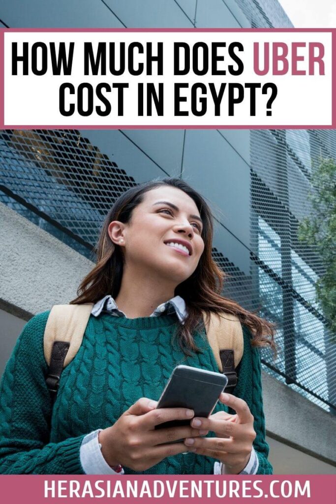 A woman smiling while using her phone under a bold title reading “How Much Does Uber Cost in Egypt?”, referencing Uber Egypt fares and ride options. Image connects with travelers researching Uber in Egypt price and Cairo taxi fares.