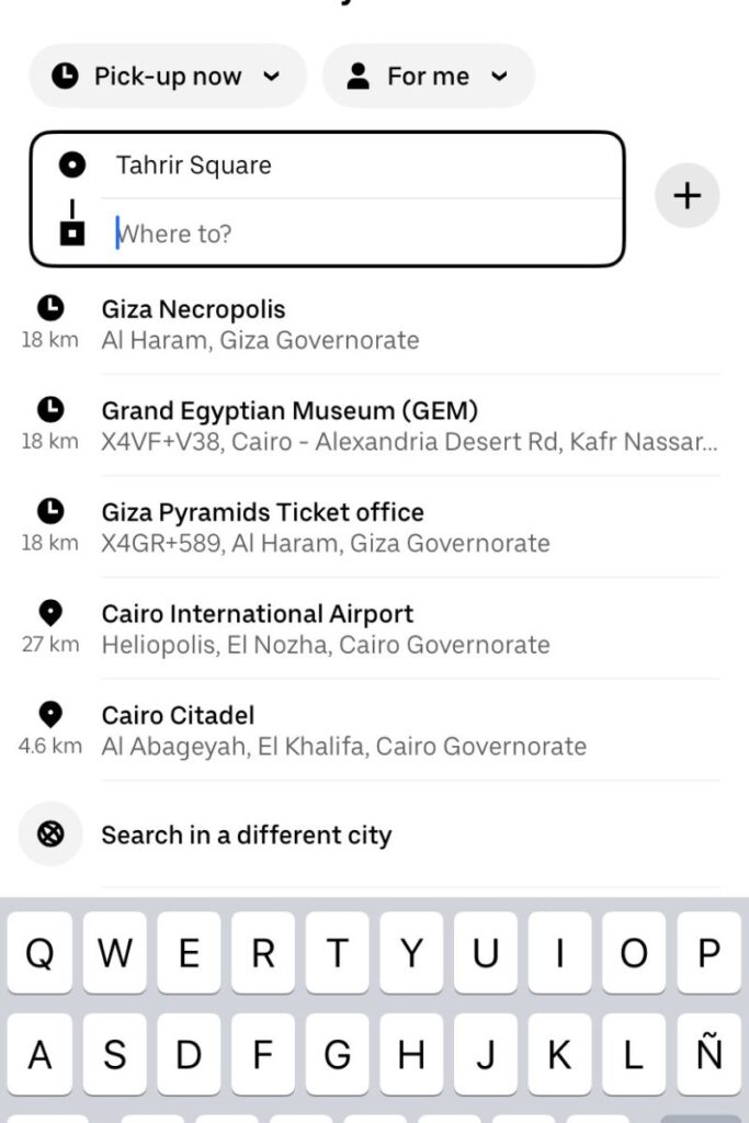 Screenshot of the Uber app showing a Cairo-based route starting at Tahrir Square with destination suggestions like Giza Necropolis and Cairo Citadel. Reflects real Uber Egypt app usage, relevant to “how to get Uber in Egypt” and Uber Cairo price planning.