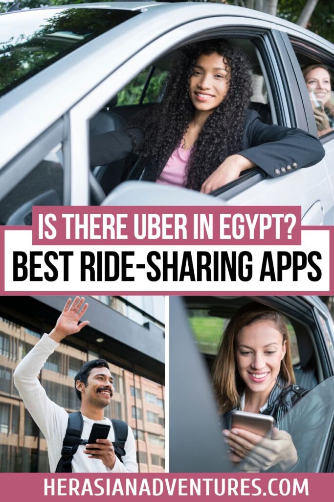 Smiling woman in the driver seat with two smaller photos of people using phones and waving at cars, with text overlay “Is There Uber in Egypt? Best Ride-Sharing Apps.” Captures user curiosity about Uber in Egypt Hurghada and Sharm El Sheikh.