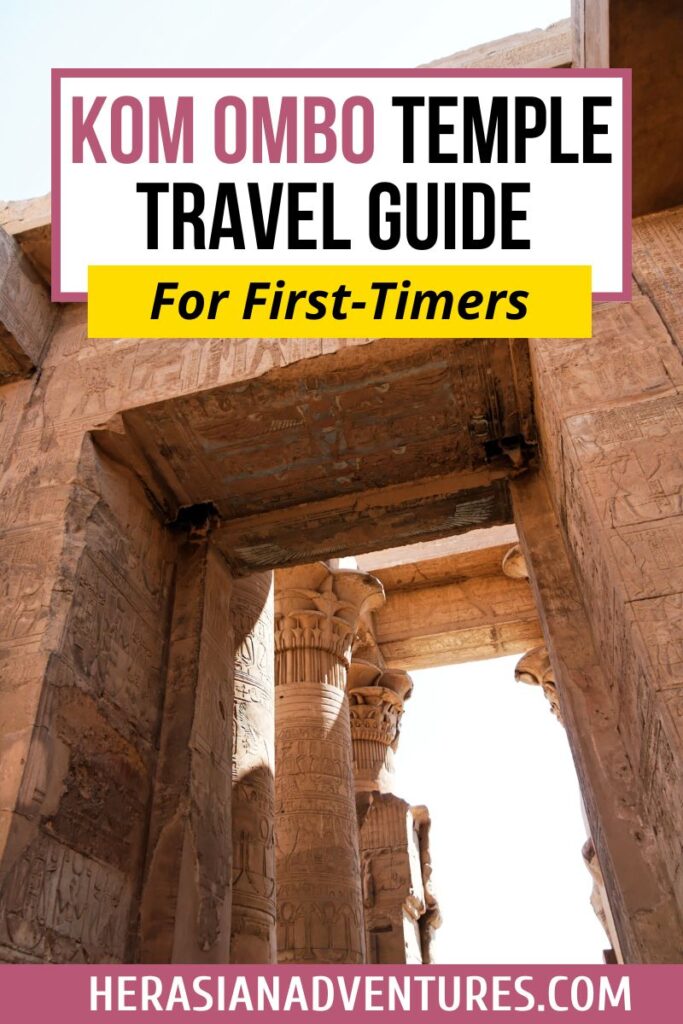 Poster titled “Kom Ombo Temple Travel Guide for First-Timers” featuring a sunlit view of towering columns inside the crocodile temple of Kom Ombo, dedicated to Sobek, the Egyptian god with a crocodile head.